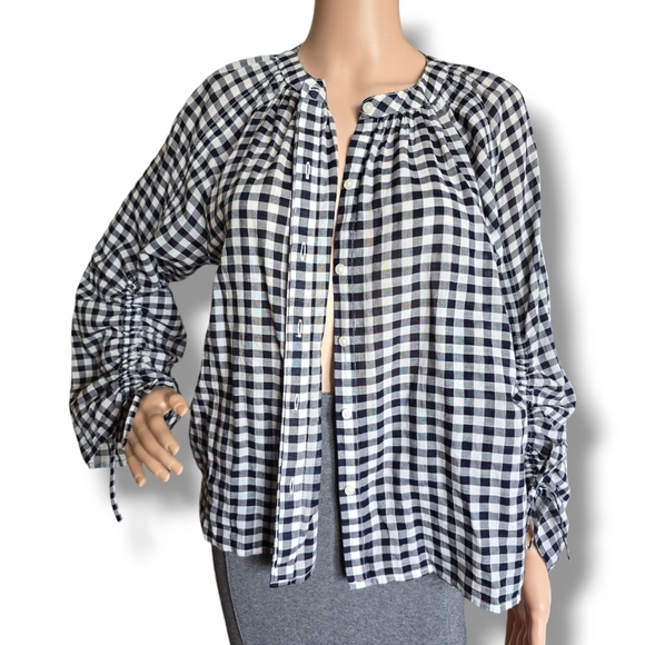 GAP Women's Navy Blue/ White Gingham Ruched Sleeve Blouse - Picture 12 of 16